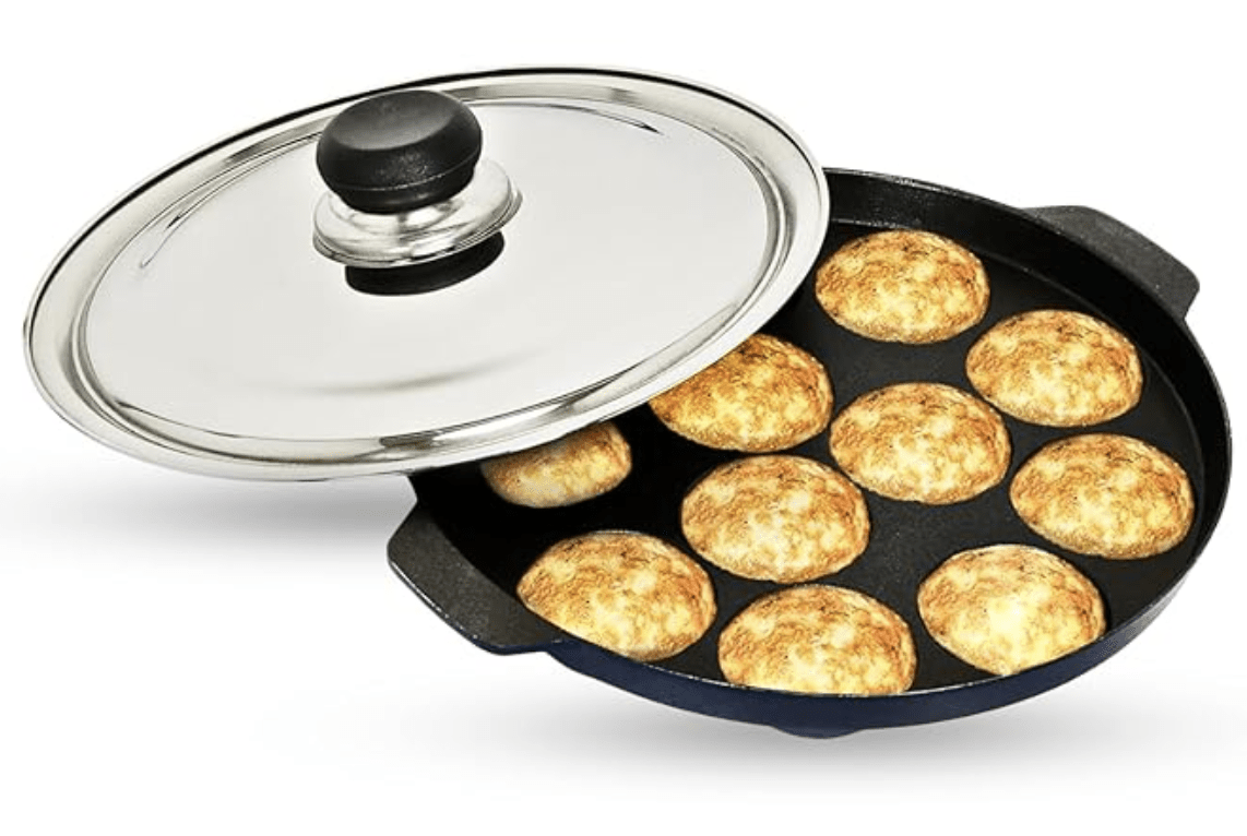 Vinod Aluminium Non Stick Paniyarakal with Lid - 12 Cups, 22 cm/Palappam Chatti, Paniyaram pan, Appa Patra, Appam Patra,4mm Thick,Gas Friendly,1 Year Warranty