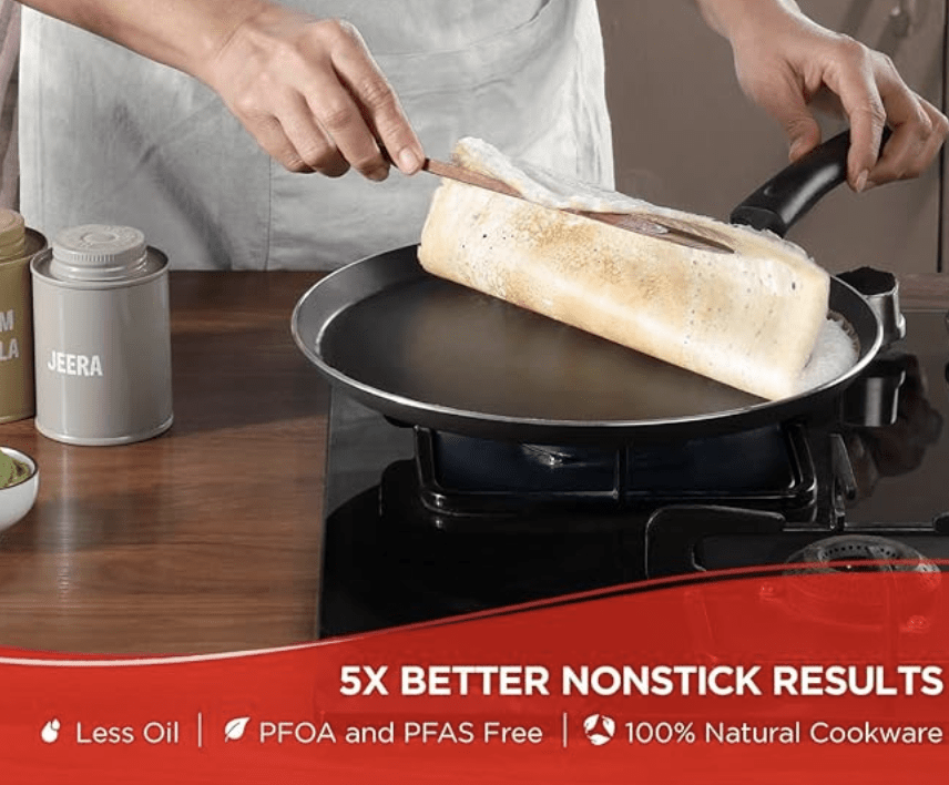 Vinod Zest Aluminium Non Stick Dosa tawa - 32 cm | Flat Bottom Tawa | 5 mm Extra Thick | 3 Layer Ceramic Coating | Metal Spoon Friendly | Gas Base - 2 Year Warranty