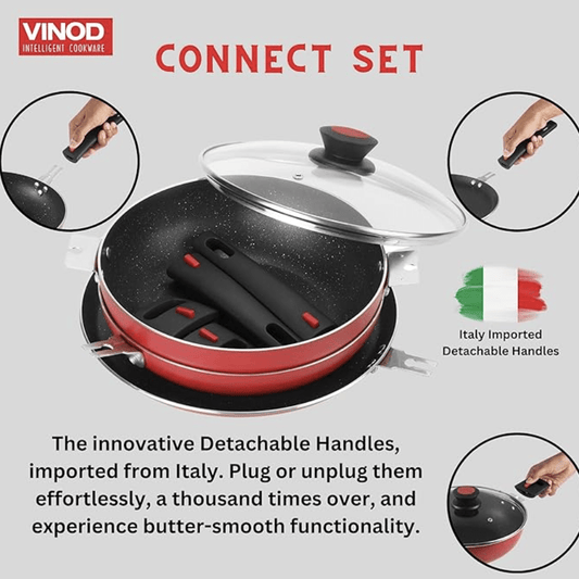 Vinod Connect Non Stick Detachable Cookware Combo Set of 3 with Bakelite Handle (3mm Thickness)- 24cm Kadai with glass lid 2.5 litre / 24cm Frypan / 28cm Dosa Tawa, Induction and Gas Base