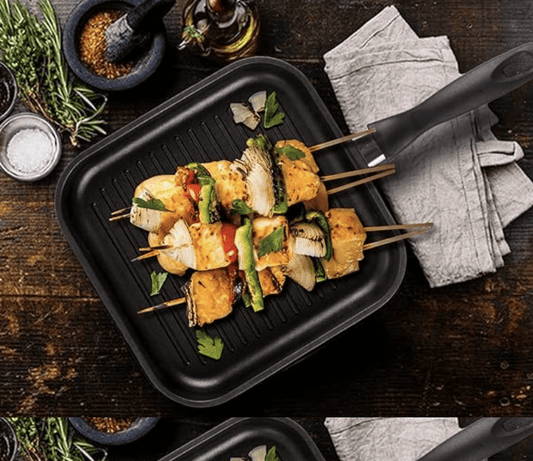 Vinod Zest Plus Die Cast Aluminium Square Griddle - 24 cm | 5 mm Thick | 3 Layer Coating | Silicone Handle | Swiss Quality | Induction Bottom | 1 Year Warranty - Black