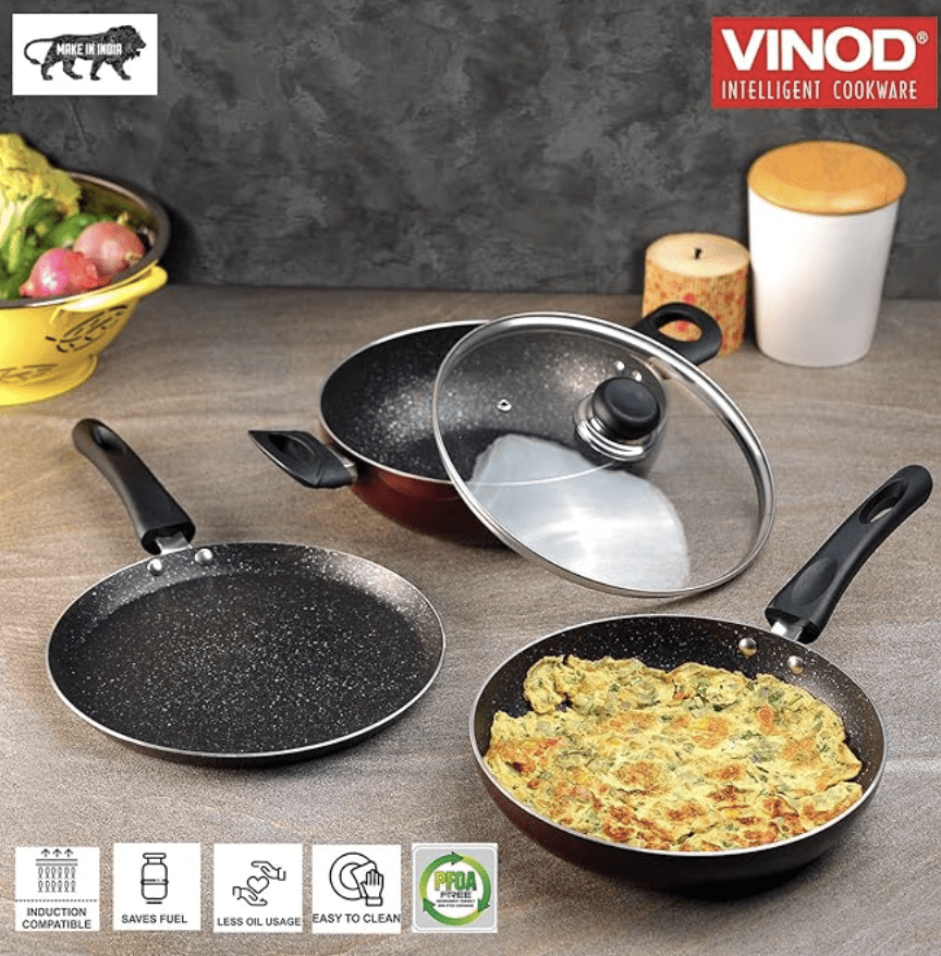 Vinod Supreme Plus Non Stick Cookware Set of 3 | Frypan, Kadai with lid, and Dosa Tawa | 5-Ply Aluminum Layer (3mm Thick) | Gas and Induction Base | 2 Year Warranty