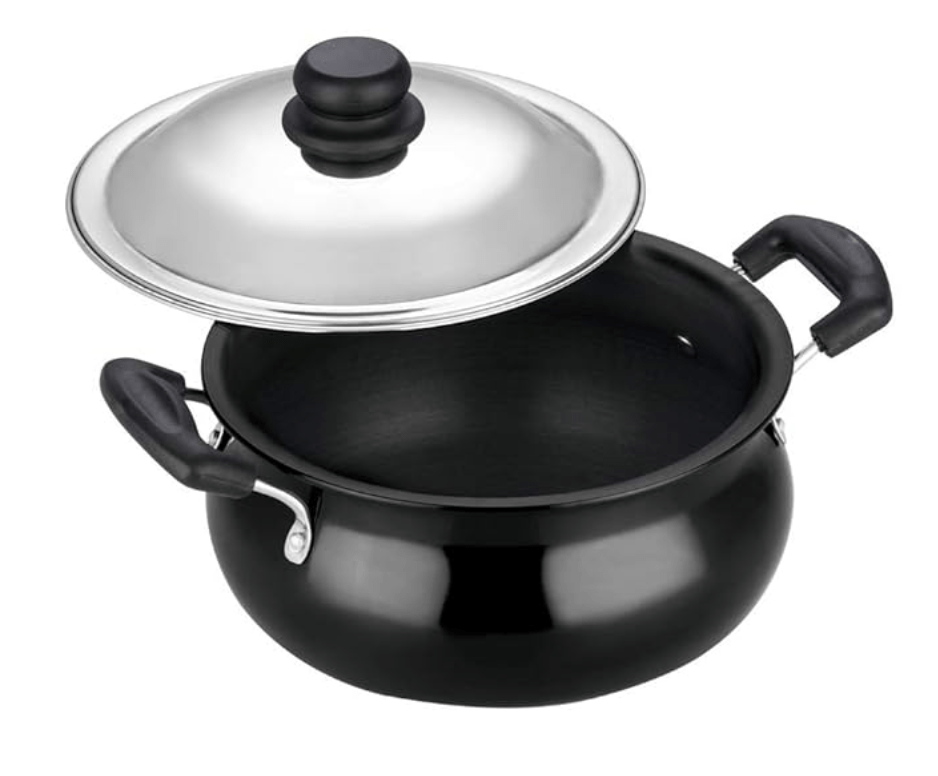 Vinod Black Pearl Hard Anodised Non Stick Handi with Lid - 5 litre, Medium | 3.25mm Thickness | Biryani Pot | Metal Spoon Friendly | 2 Year Warranty | Toxin Free - Black