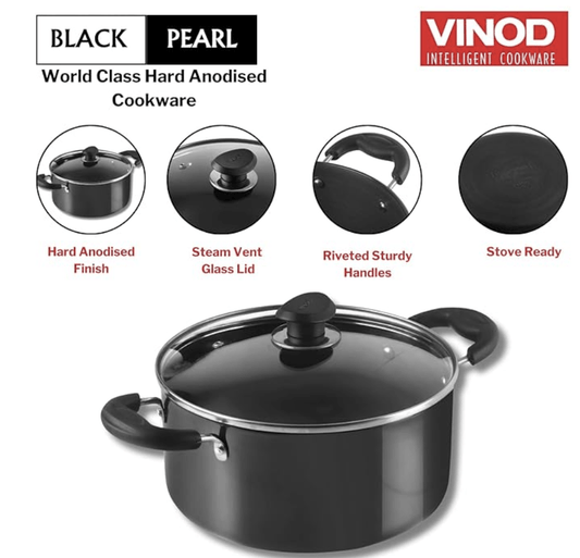 Vinod Black Pearl Hard Anodised Saucepot with Glass Lid 8.6 litres Capacity (28 cm Diamater) with Riveted Sturdy Handles - 3.25 mm Thickness, Black (Gas Stove Compatible)