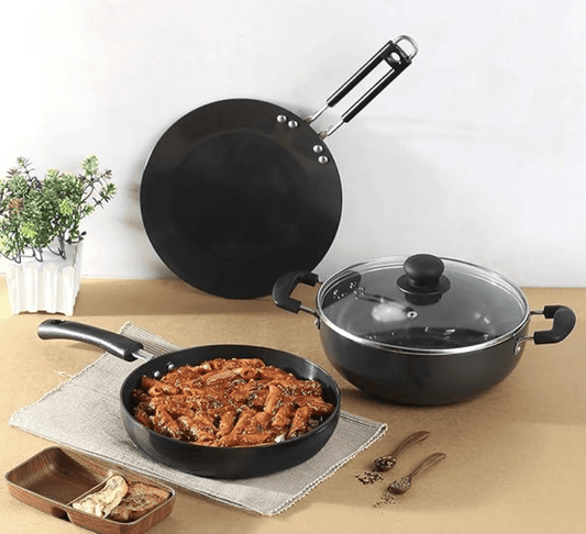 Vinod Black Pearl Hard Anodised Cookware Set of 3 | 3 litre Deep Kadai, 24cm Deep Frypan, 25cm Tawa | Common Glass Lid | Metal Spoon Friendly | Induction Base | 2 Year Warranty