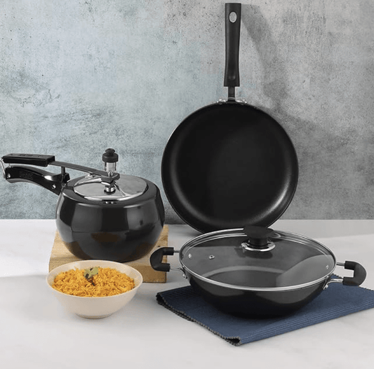 Vinod Trio Hard Anodised Cookware Set of 3 | 3 litre Kadai and 26 cm Frypan with Common Lid, 3 litre Pressure Cooker | 3.25 mm Thick| Induction and Gas Base | 2 Year Warranty