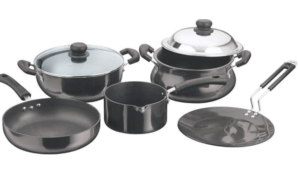 Vinod Black Pearl Hard Anodised Rasoi Cookware Set of 5 | Kadai, Frypan, Tawa, Handi & Saucepan | Natural Stick Free | Metal Spoon Friendly | Induction Base | 2 Year Warranty