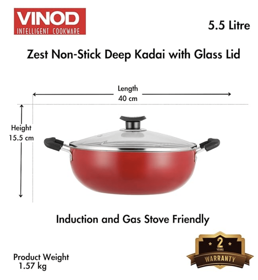 Vinod Zest Inducto Non Stick Deep Kadhai with Glass Lid - 5.5 Litre, 28cm | 3mm Thick | 3 layer Coating | Swiss Quality | Metal Spoon Friendly | Induction Base | 1 Year Warranty