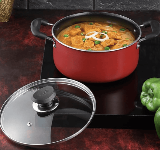 Vinod Zest Inducto Aluminium Non Stick Saucepot with Glass Lid - 3.1 Litre, 20cm | 3mm Thick | Swiss Quality | 3 Layer Coating | Toxin Free | Induction Base | 2 Year Warranty