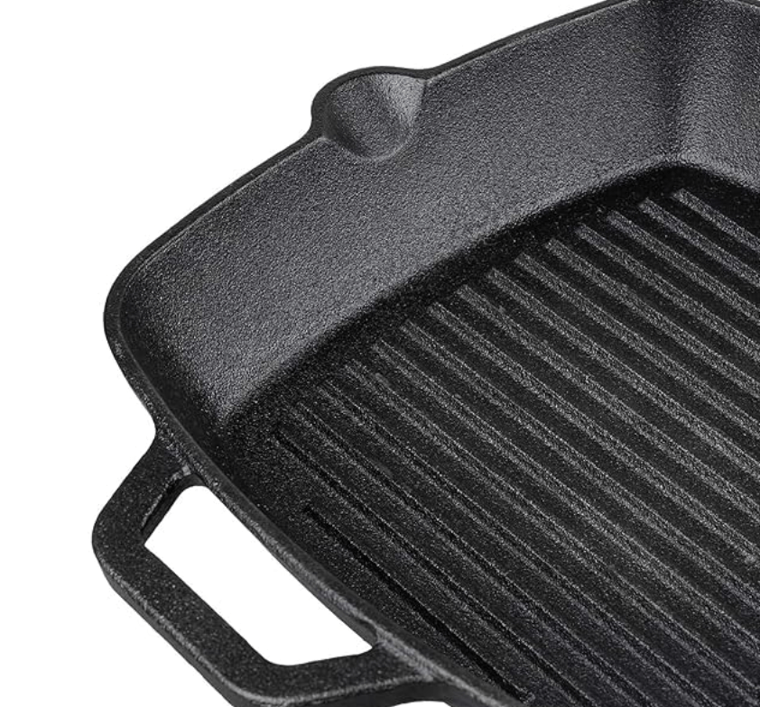 Vinod Legacy Pre Seasoned Cast Iron Grill Pan - 24 cm | Naturally Non Stick Loha Barbeque/Tandoor Grill Pan | 100% Pure | Easy Pour Spout | Toxin Free | Safety Sleeve