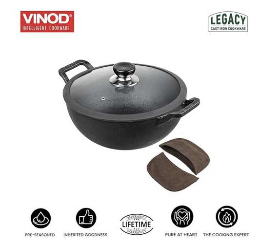 Vinod Legacy Pre Seasoned Cast Iron Kadai with Glass Lid - 2.4 litre, 22 cm | Naturally Non Stick Kadhai for Cooking | 100% Pure | Toxin Free | Safety Sleeve | Rust Proof