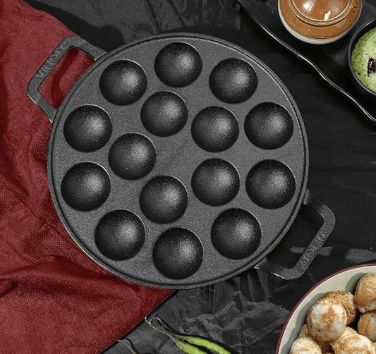 வினோத் லெகசி காஸ்ட் அயர்ன் ஸ்டிக் இல்லாத பணியாரக்கல் பான் - 15 கப், 25 செ.மீ.