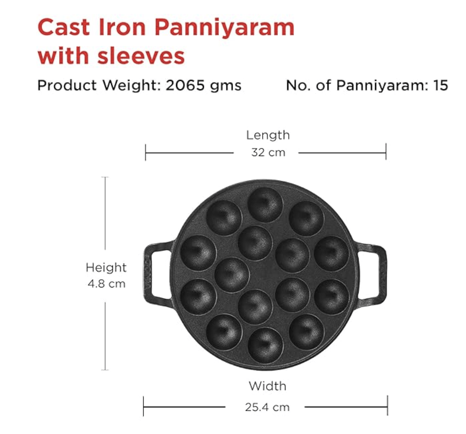 வினோத் லெகசி காஸ்ட் அயர்ன் ஸ்டிக் இல்லாத பணியாரக்கல் பான் - 15 கப், 25 செ.மீ.