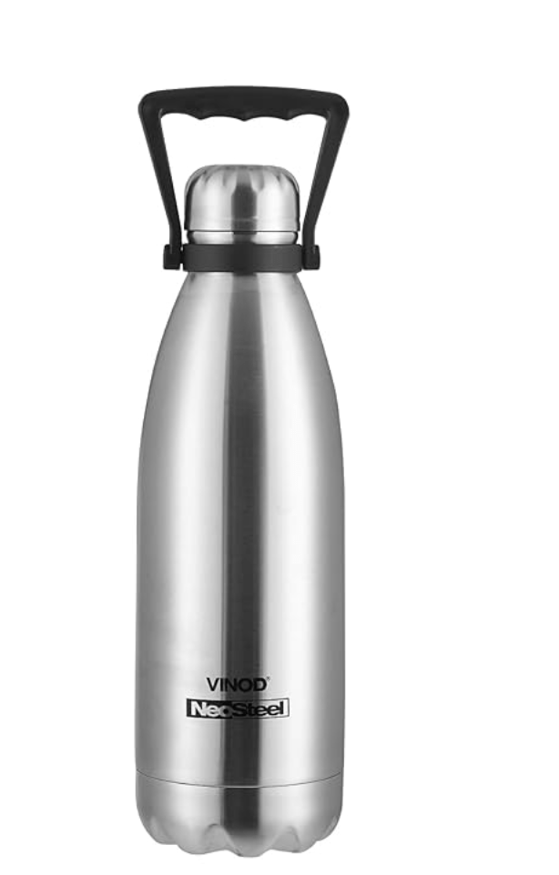 Vinod Classic 24 Hours Hot and Cold Flask Bottle with Copper Coating Inside and Fabricated 18/8 Stainless Steel Outside with Handle | Stainless Steel Water Bottle for Daily Use - 1.8 litres (Silver)