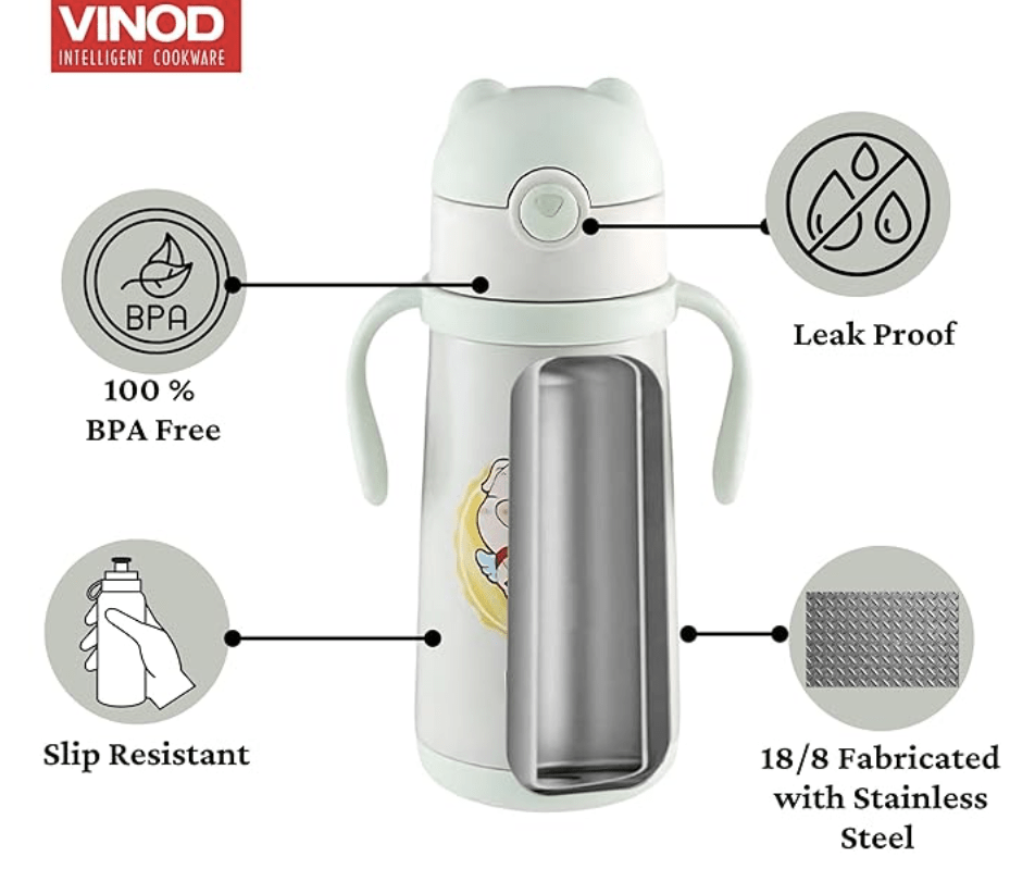 Vinod Champ Kids Stainless Steel Water Bottle - 380ml | Sipper Bottle | Silicone Straw | Leak Proof | BPA Free | For Kids, Boy, Girl | 1 Year Warranty - Light Green