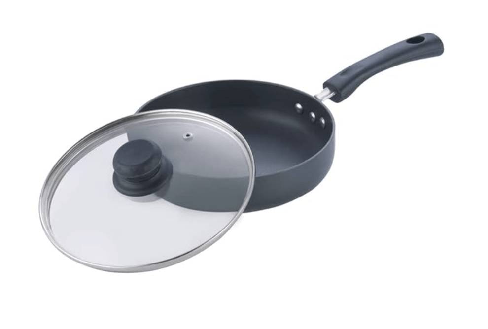 Vinod Black Pearl Hard Anodised Deep Frypan with Glass Lid - 2 litre, 24cm | 3.25mm Thick | Skillet Pan | Metal Spoon Friendly | Toxin Free | Gas Base - 2 Year Warranty