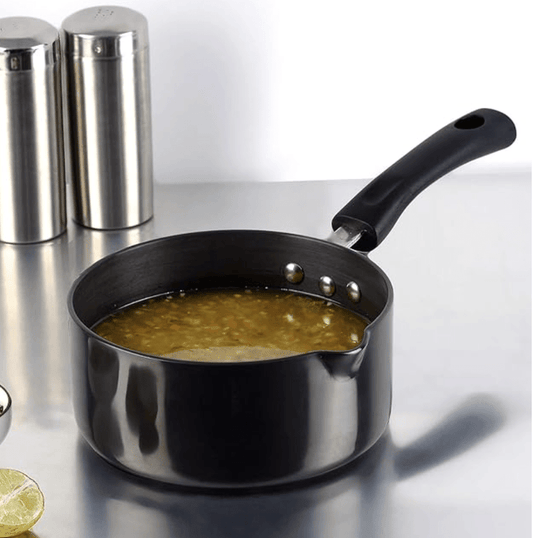 Vinod Black Pearl Hard Anodised Saucepan 1.7 litre, 16cm | 3.25mm Thick | Metal Spoon Friendly | Ezee Pour Spout | Bakelite Handle | Toxin Free | 2 Year Warranty - Black
