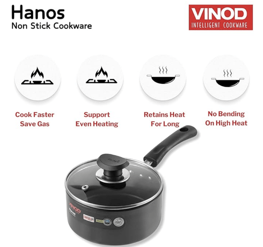 Vinod Hanos Hard Anodised Non Stick Saucepan with Lid - 1.7 litre, 16 cm | 3.25mm Thick | 5X Long Lasting | Soft Touch Handle, Scratch Proof | Induction & Gas Base | 2 Year Warranty