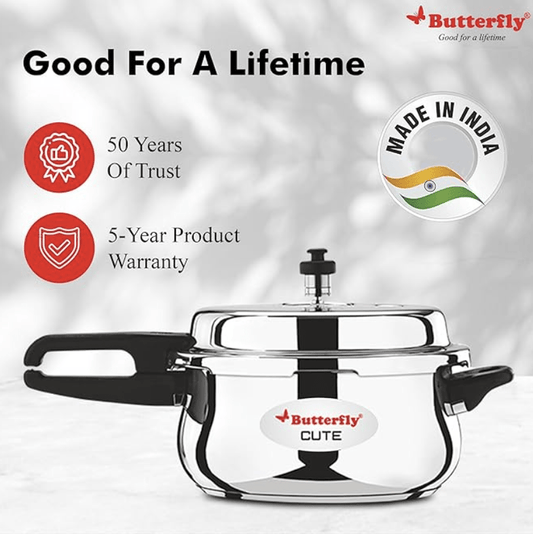 Butterfly Cute Ss Induction Compatible Outer Lid Stainless Steel Pressure Cooker With Glass Lid 2 liter, Silver
