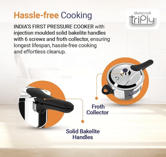 ULTRA Duracook 2.L StainlessSteel Outer Lid,AISI 304 Food Grade SS Pressure cooker (2 Litre),Froth collector,spillage control,Induction&cooktop compatible,Injection moulded Bakelite handles,ISI.