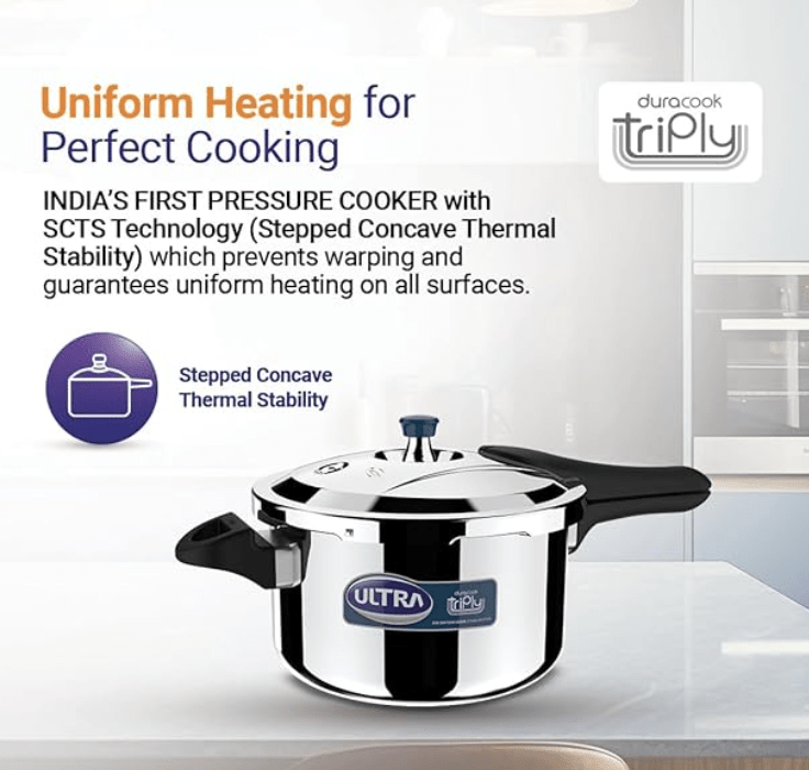 Ultra Duracook Pressure Cooker 8 Litre | AISI 304 Food Grade Stainless Steel Cooker | 10 Years Warranty | High Impact 3-Layer Composite Base | Injection Moulded Handles | Induction Compatible Base