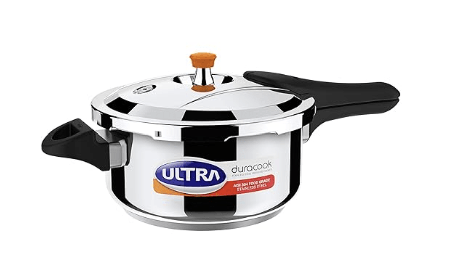அல்ட்ரா டூராகுக் 4.5லி துருப்பிடிக்காத எஃகு வெளிப்புற மூடி, AISI 304 உணவு தர SS பிரஷர் குக்கர் (4.5லிட்டர்), நுரை சேகரிப்பான்-கசிவு கட்டுப்பாடு, தூண்டல் & குக்டாப் இணக்கமானது, ஊசி வார்க்கப்பட்ட பேக்கலைட் கைப்பிடிகள், ISI.