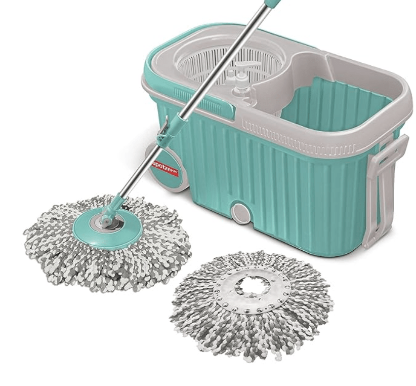 Spotzero by Milton Elite Spin Mop with Bigger Wheels and Plastic Auto Fold Handle for 360 Degree Cleaning (Aqua Green, Two Refills), 4 Pcs