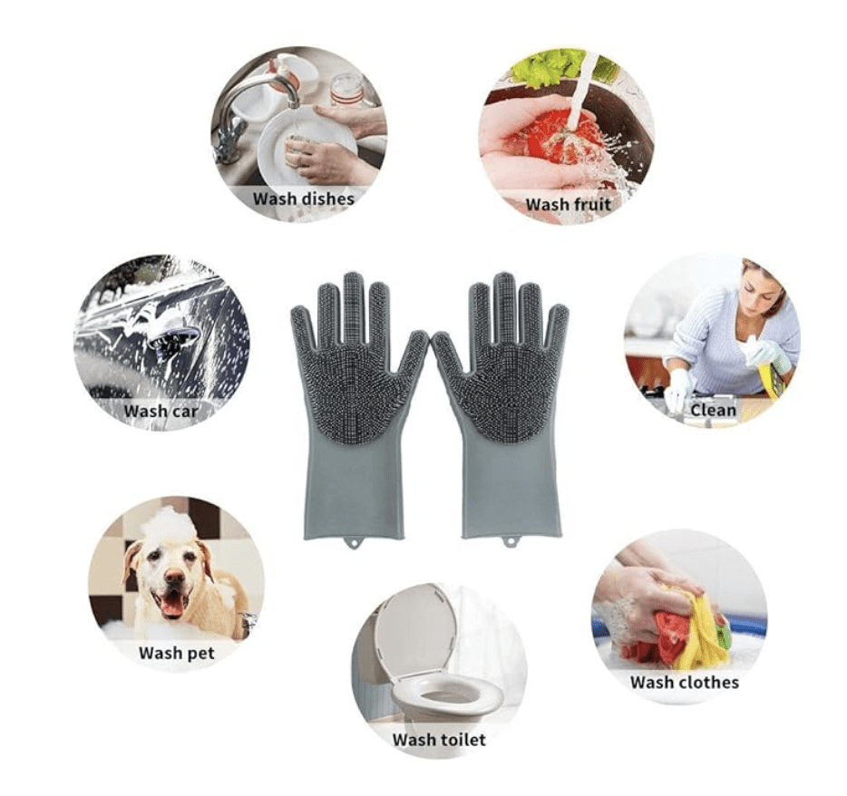 Dish Washing Cleaning Sponge Gloves, Dog Care, Silicone Reusable Rubber Brush Scrubber Gloves For Pet Grooming Bathing, Car Washing. Pack of 1 Pair