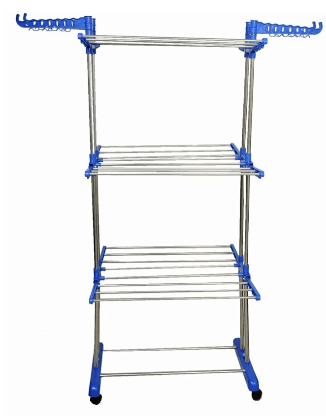 Clothes Stand for Drying with Wheels | Portable | 2 Layer Rack for Balcony | Foldable Wings | 14 Hanger Rods
