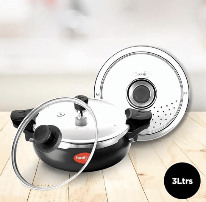 Pigeon By Stovekraft All in One Super Cooker Aluminium with Outer Lid Induction and Gas Stove Compatible 3 Litre Capacity for Healthy Cooking (Black)