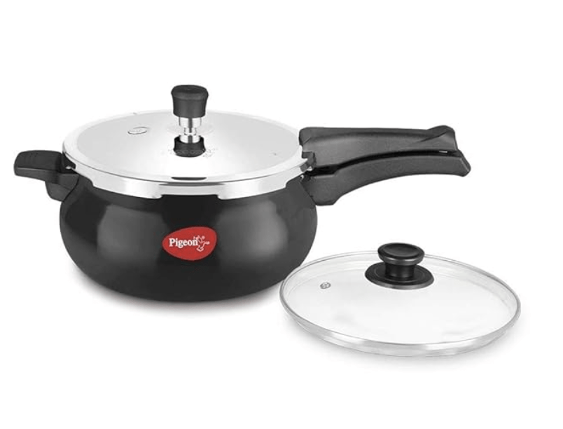 Pigeon by Stovekraft Titanium Hard Anodised Aluminium Handi Outer Lid Pressure Cooker with Induction base and Stainless Steel Lid and Glass Lid, 5 Litres