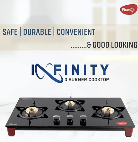 Pigeon Infinity Glass Stove, Cooktop with Glass Top and Stainless Steel body 3 Burner Gas Stove, Manual Ignition, Black