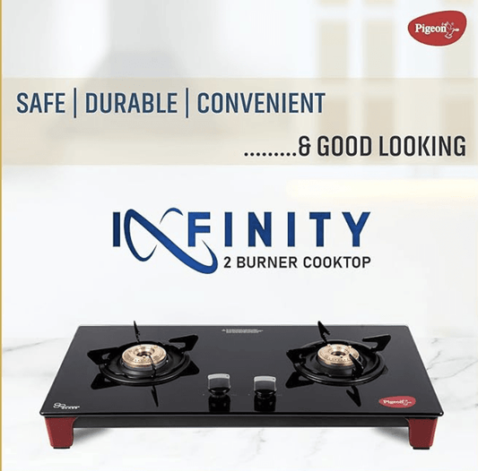 Pigeon Infinity Gas Cooktop with Glass Top and Stainless Steel body 2 Burner Gas Stove, Manual Ignition, Black