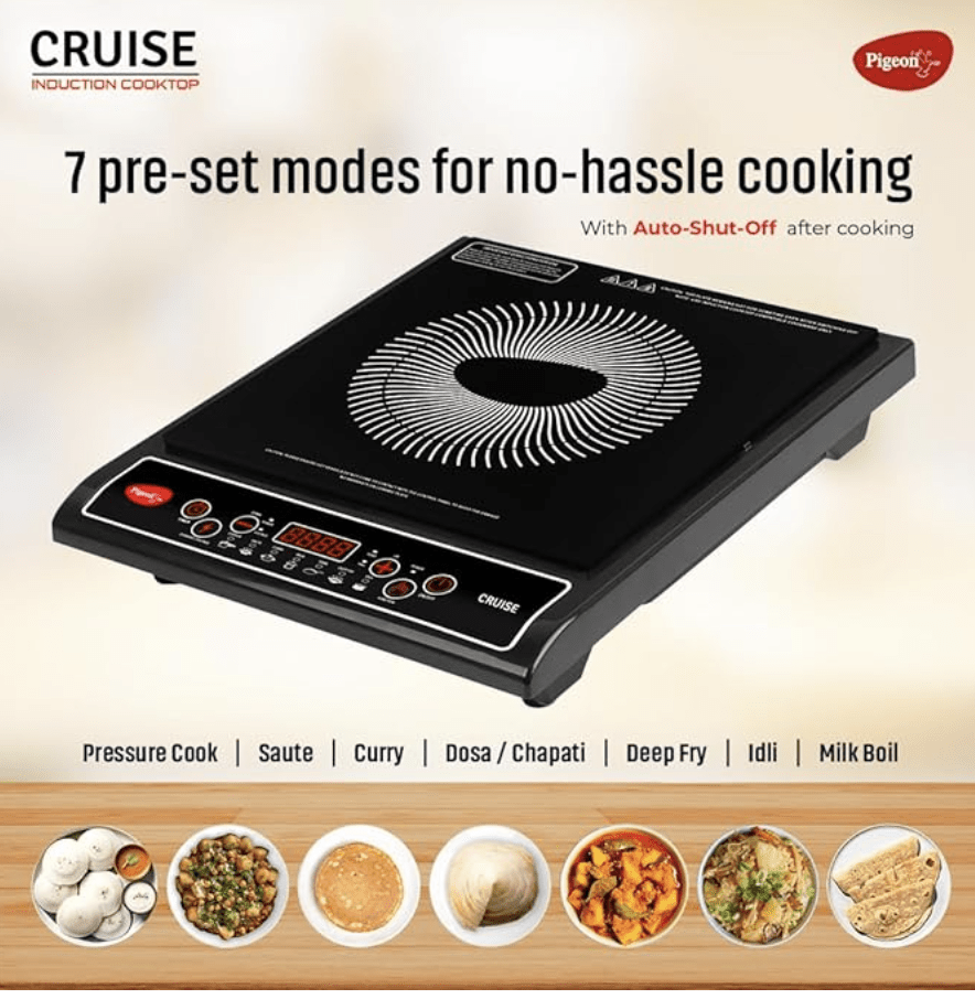 पिजन स्टोवक्राफ्ट क्रूज़ 1800 वाट इंडक्शन कुकटॉप क्रिस्टल ग्लास के साथ, 7 सेगमेंट एलईडी डिस्प्ले, ऑटो स्विच ऑफ - काला
