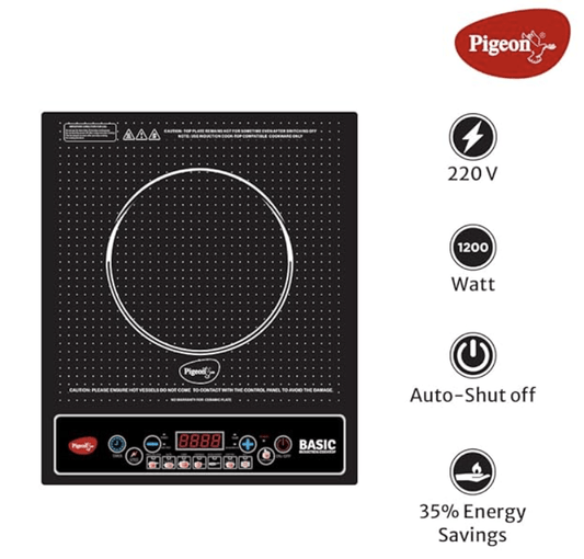 पिजन बेसिक इंडक्शन कुकटॉप 1200 W, ऑटो-शट ऑफ, पावर और तापमान के लिए 7 सेगमेंट LED डिस्प्ले के साथ सॉफ्ट पुश बटन - काला