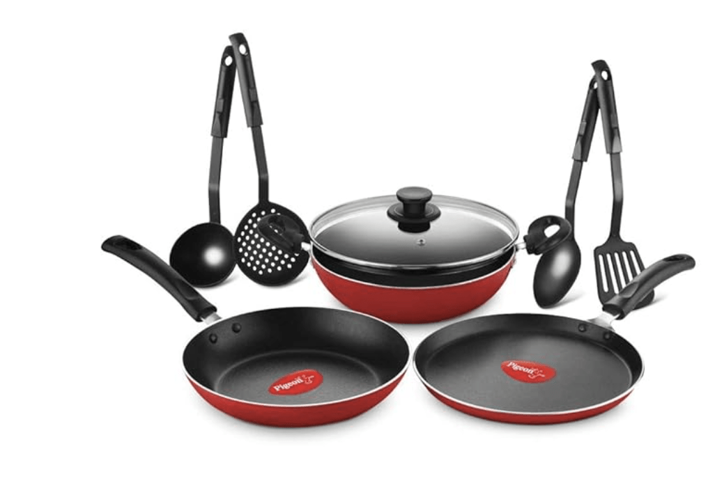Pigeon by Stovekraft Mio Nonstick Aluminium Cookware Gift Set, includes Nonstick Flat Tawa, Nonstick Fry Pan, Kitchen Tool Set, Kadai with Glass Lid, 8 Pieces Non-Induction Base Kitchen Set - Red