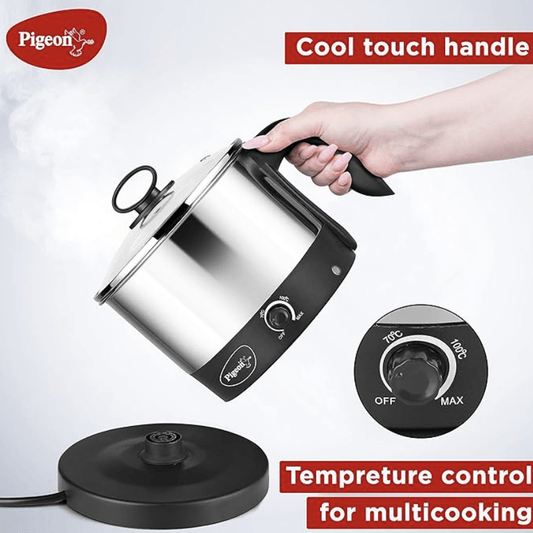 Pigeon Kessel Multipurpose Kettle (12173) 1.2 litres with Stainless Steel Body, used for boiling Water and milk, Tea, Coffee, Oats, Noodles, Soup etc. 600 Watt (Black & Silver)