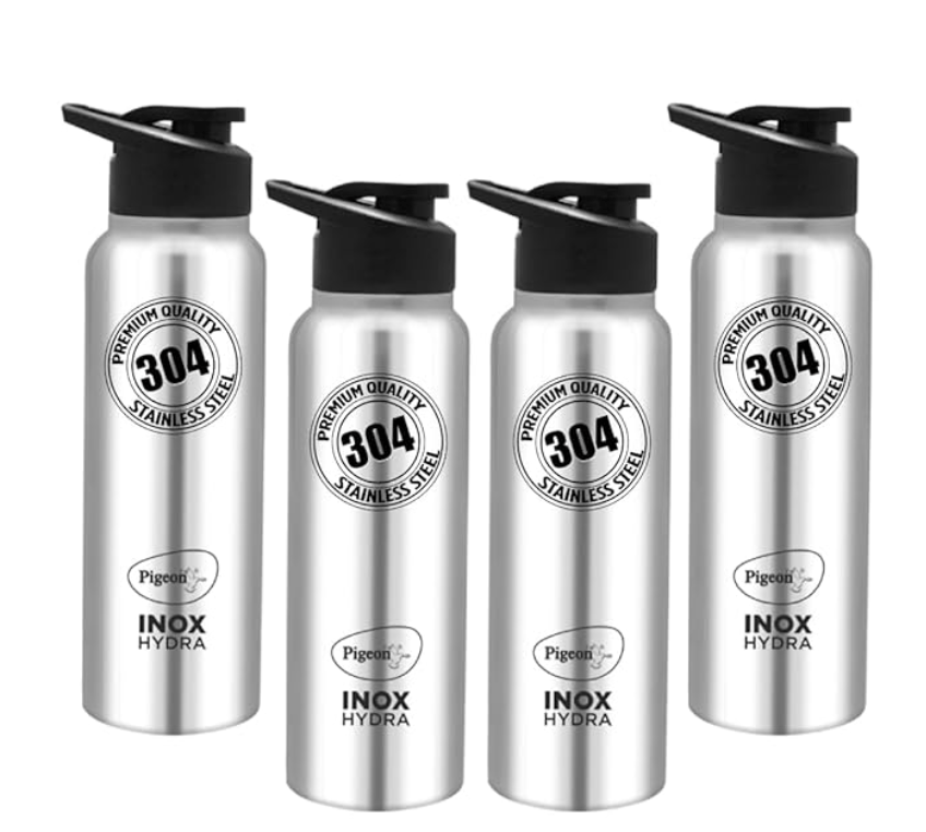 Pigeon by Stovekraft Inox hydra 700ml pack of 4 Stainless Steel Drinking Water Bottle 700ml Flipper Cap - Silver (1 year Warranty)