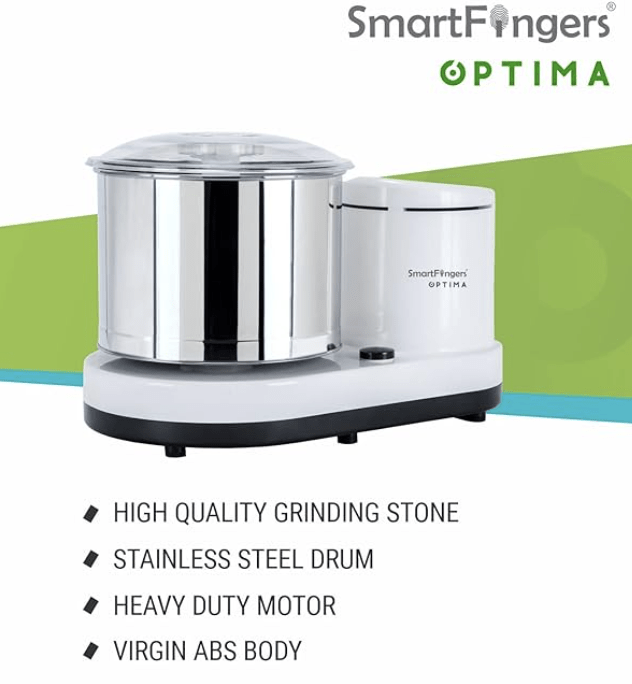स्मार्टफिंगर्स ऑप्टिमा टेबल टॉप वेट ग्राइंडर 230V 50hz, 2 लीटर, सफ़ेद