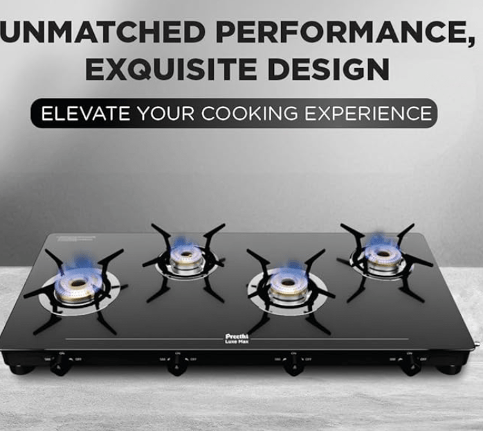 Preethi Luxe Max 4 Burner Glass Top Gas Stove With Driptray Less Infinity Design, With Jumbo Burner, 5 Year Warranty on Glass & Burner, Manual Design, Black