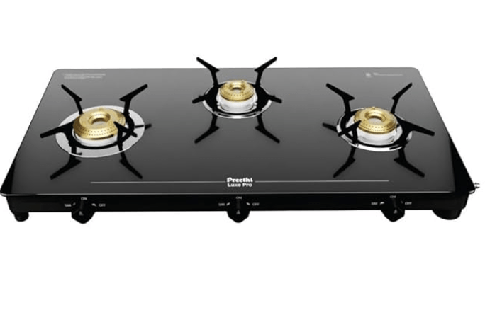 Preethi Luxe 3 Burner Glass Top Gas Stove With Driptray Less Infinity Design, 5 Year Warranty on Glass & Burner, Manual Design, Black