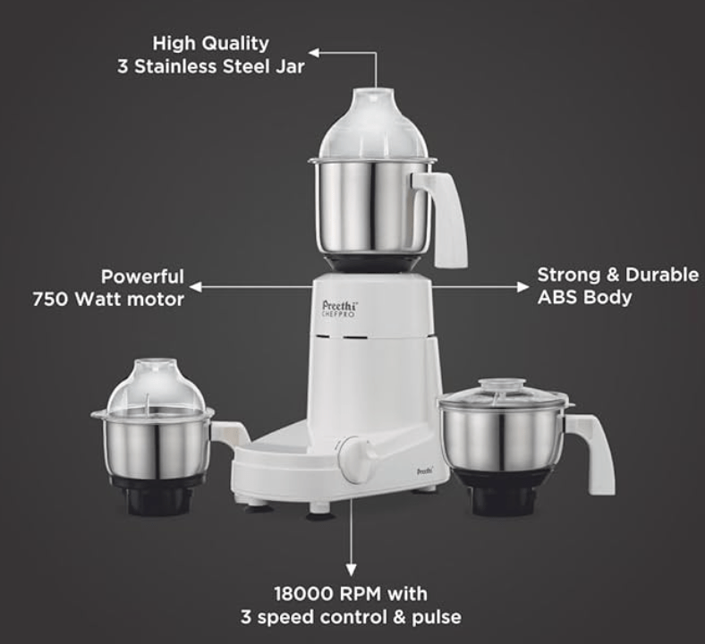Preethi Eco Plus MG 157 mixer grinder, 750 watt, 4 jars includes Super Extractor juicer Jar , White