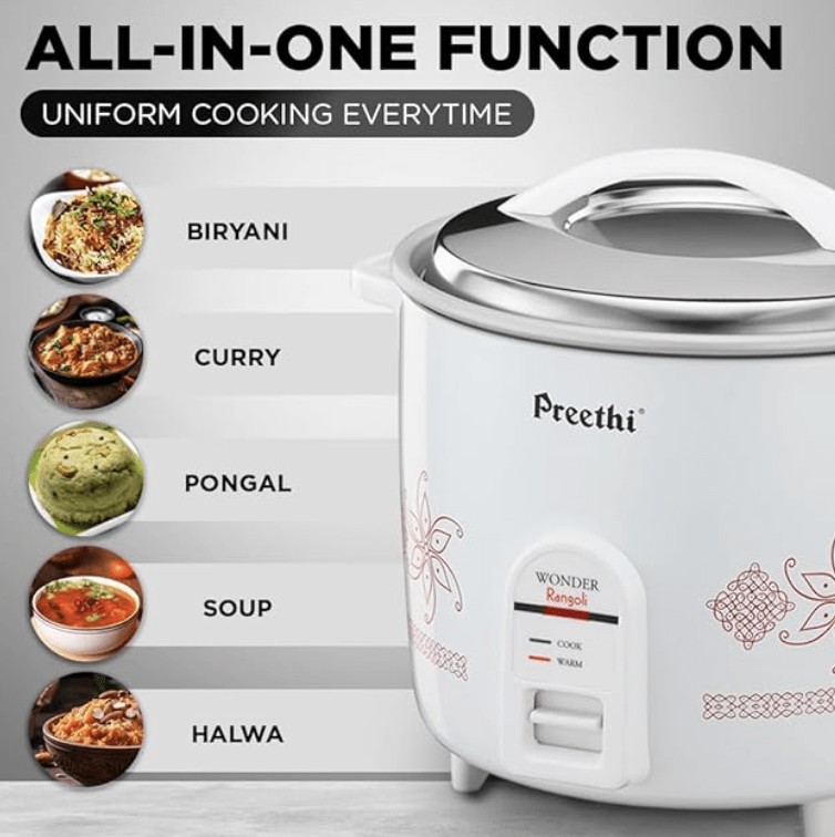 Preethi Electric Rice Cooker, 1 Litre, Single Pan, Anodized and Rustproof Aluminium Pan, White (RC 319)