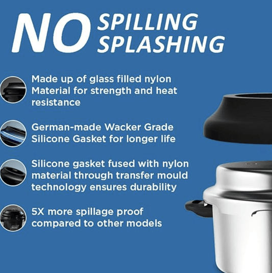 Preethi Aluminium Outer Lid 5 Litre Pressure Cooker with Spill Splash Shield For Zero Spill and Zero Splash (Induction Base)