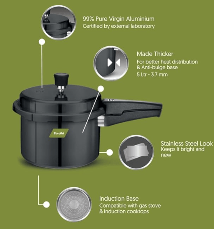 Preethi Hard Anodized Induction Base Outer Lid Pressure Cooker 5 Litres, Grey
