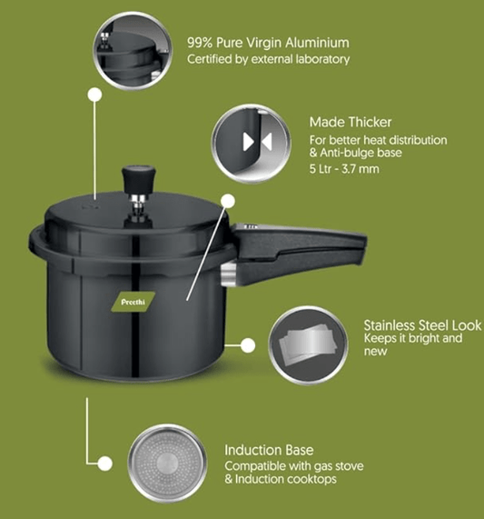 Preethi Hard Anodized Induction Base Outer Lid Pressure Cooker 5 Litres, Grey