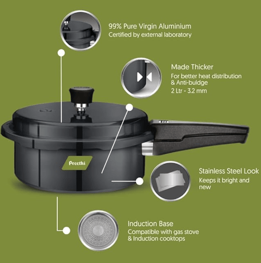 Preethi Hard Anodized Induction Base Outer Lid Pressure Cooker 2 Litres, Grey