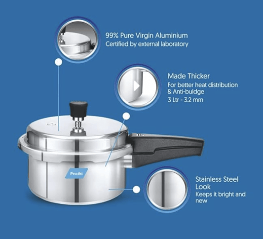 Preethi Aluminium Outer Lid Pressure Cooker Non Induction Base, 3 Litres