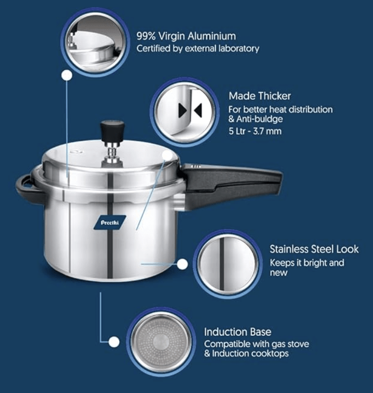 Preethi Neo Aluminium Induction Base Outer Lid Pressure Cooker, 5 Litres