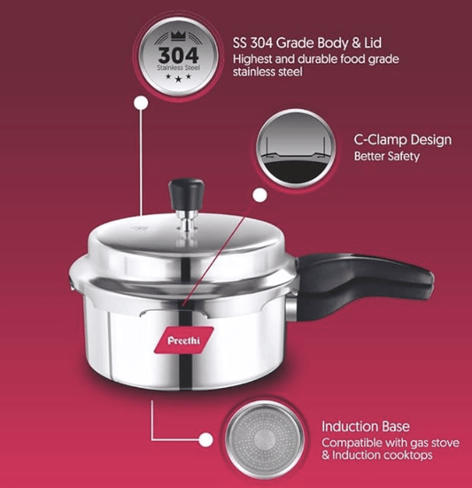 Preethi Induction Base Stainless Steel Outer Lid Pressure Cooker, 2 Litres, Silver