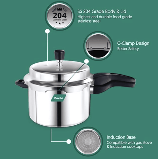 Preethi Neo Induction Base Stainless Steel Outer Lid Pressure Cooker, 3 Litres, Silver